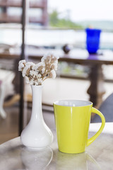 cup of tea on a table in a coffee bar. Summer holiday concept