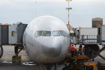 Fototapeta na wymiar Loading cargo into the aircraft before departure