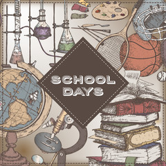 School days color template with art, sport, science, literature related objects.