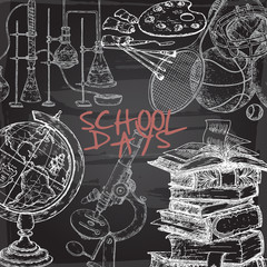 School days template with art, sport, science, literature related objects on blackboard background.