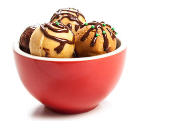 sweet dessert background , chocolate donut ball with almond,isolated on white