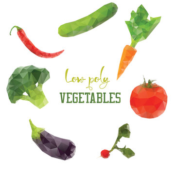 Carrot, broccoli, pepper, tomato. Diet vegan low poly vegetables