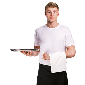 Waiter holding tray, white tshirt and napkin standing on white background