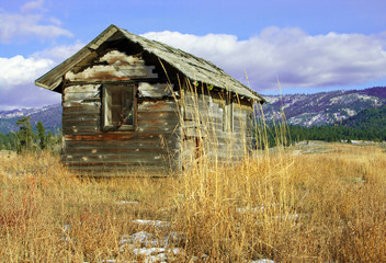 Deserted Cabin:  An old wooden cabin, falling to ruin, stands on a grassy hillside.