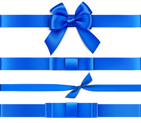 Set of decorative blue bows with horizontal ribbons isolated on white. Vector illustration