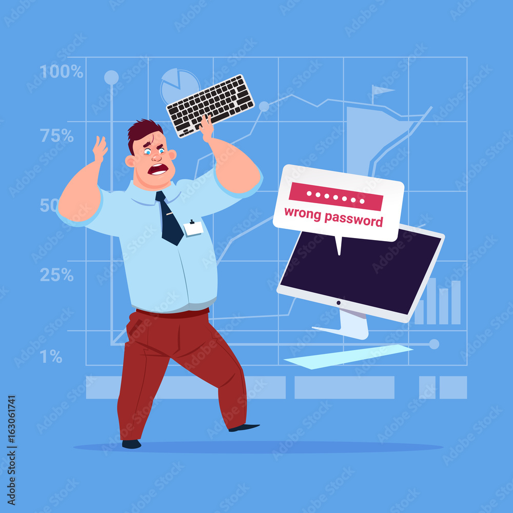 Poster angry business man inputting wrong password using computer problem with access concept flat vector i