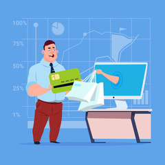 Business Man Use Computer Online Shopping Bag Businessman Hand Screen Buying Through Internet Commerce Flat Vector Illustration