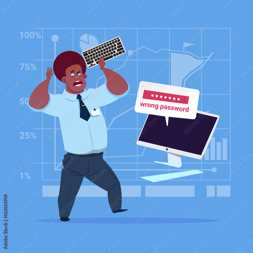 Poster angry african american business man inputting wrong password using computer problem with access conc
