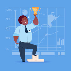 African American Business Man Hold Prize Winner Cup, Success Concept Flat Vector Illustration