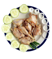 Fry Chicken with salad and onion ring and chili peppers on white background