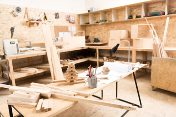 Desk with professional instruments are in joinery