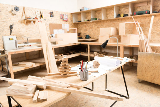 Desk with professional instruments are in joinery