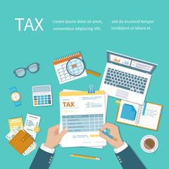 Tax calculation payment concept. Man fills the form of taxation. Forms, documents, wallet, credit cards, calculator, coffee, glasses, laptop, calendar, magnifier, watch. Vector illustration background