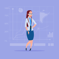 Business Woman Over Abstract Financial Graphic Background Successful Businesswoman Flat Vector Illustration