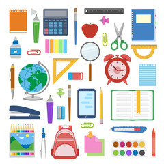 School supplies and items set isolated on white background. Back to school equipment. Education workspace accessories. Infographic elements. Vector illustration.