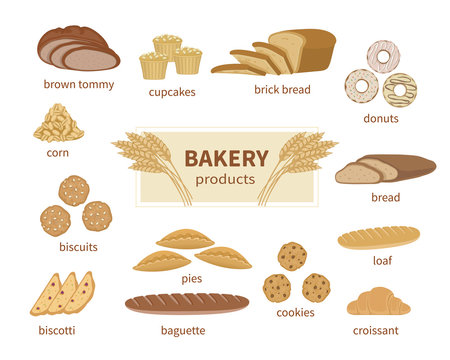 Bakery products, fresh bread and pastry. Food Collection and shop elements of sliced loaf, french baguette, rye bread, wheat branch, croissant, muffins, biscotti, biscuits, cookie, pies, donuts.Vector