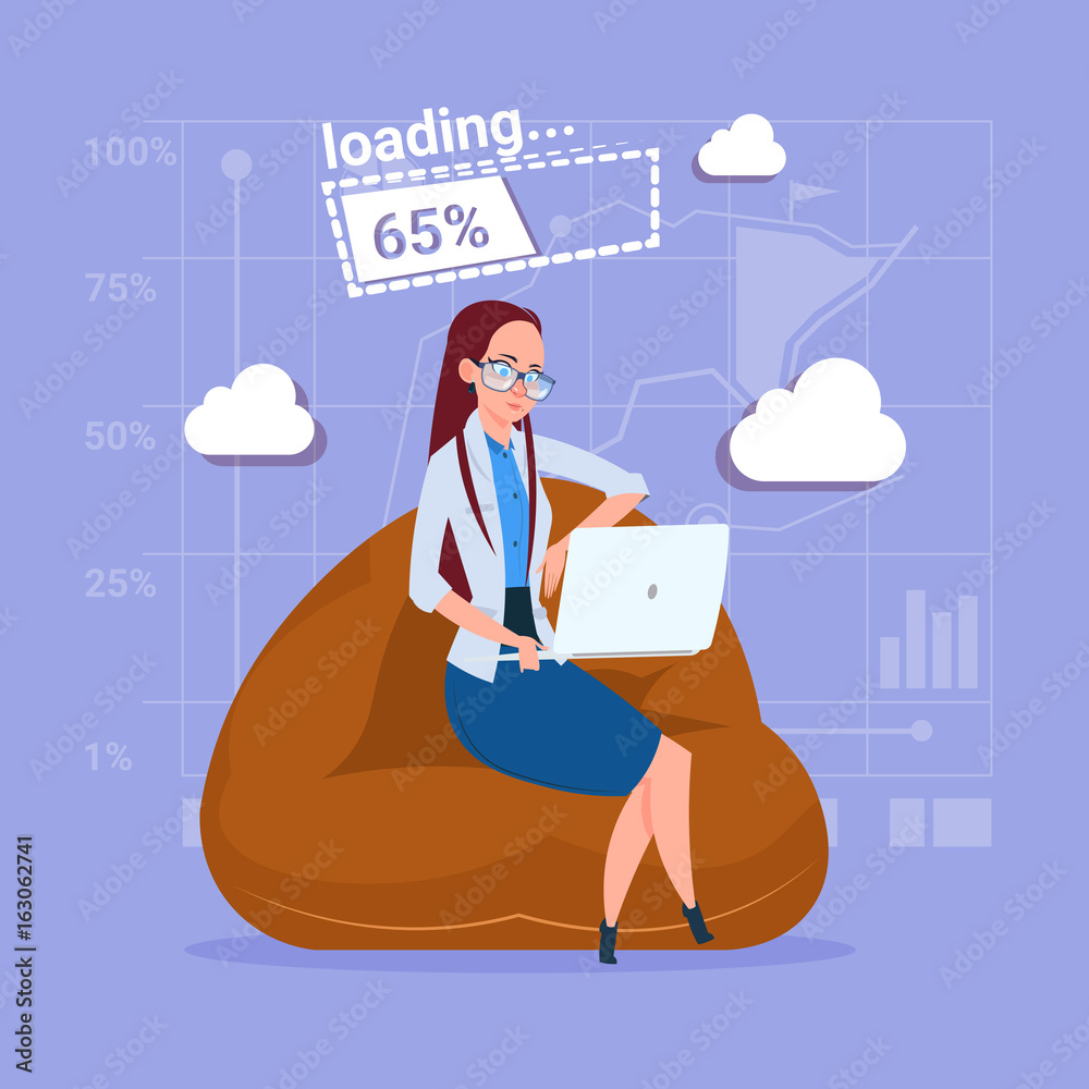 Wall mural business woman use laptop computer loading software applications media social network communication 