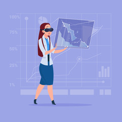 Business Woman Wear Virtual Reality Digital Glasses Touch Screen Interface Flat Vector Illustration