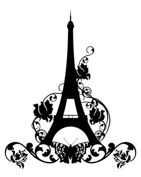 eiffel tower among rose flowers and butterflies - black vector silhouette