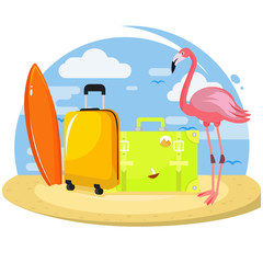 Summer set. Famingo, suitcases, surfboard