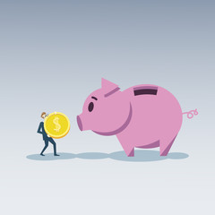 Business Man Put Coin Piggy Bank Money Investment Concept Flat Vector Illustration