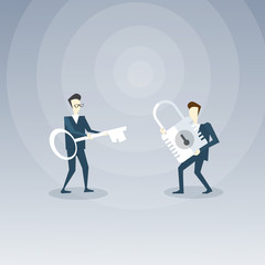 Two Businessmen Holding Key And Lock Team Business Opportunity Concept Vector Illustration