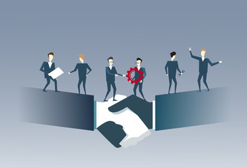 Business People Group Standing On Handshake Businessmen Hands Shake Partners Agreement Teamwork Cooperation Concept Flat Vector Illustration