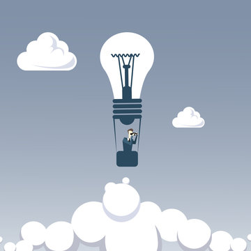 Business Man Fly On Light Bilb Air Balloon Hold Binocular Looking For Successful Future Concept Flat Vector Illustration