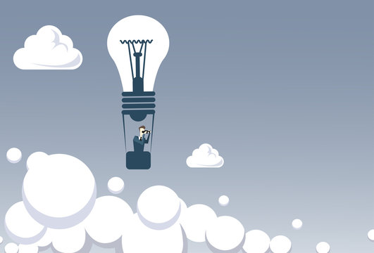 Business Man Fly On Light Bilb Air Balloon Hold Binocular Looking For Successful Future Concept Flat Vector Illustration
