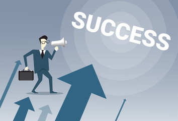 Businessman Stand Over Financial Graph Arrows Up Successful Business Man Growth Hold Megaphone Marketing Concept Vector Illustration