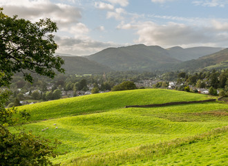 View over fields to Ambleside Lake District