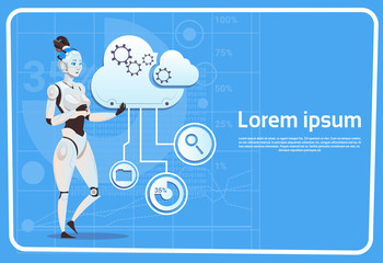 Modern Robot Female Cloud Computing Database Concept Futuristic Artificial Intelligence Technology Flat Vector Illustration