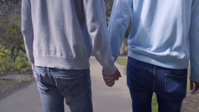 Back Of Gay Couple As They Walk, Holding Hands, On Park Path