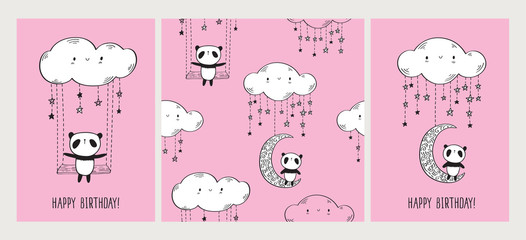 Set of Greeting cards with cute pandas on the moon and swing. Seamless pattern for gift wrap, textile or book covers, wallpapers and scrapbook. Happy Birthday. Pink background. Vector illustration.