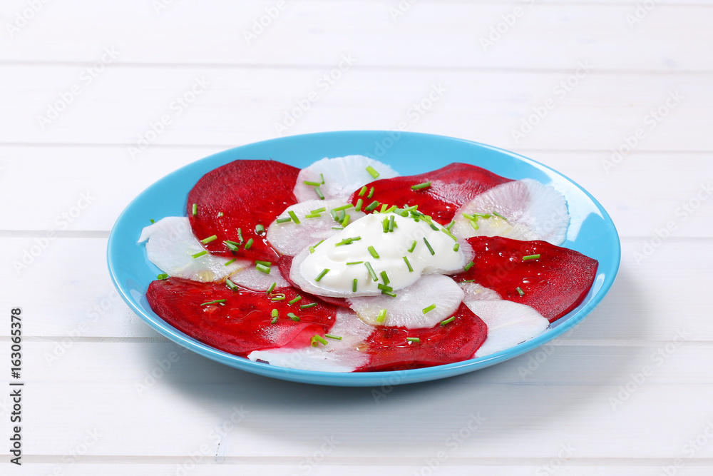 Wall mural beetroot and white radish carpaccio with yogurt