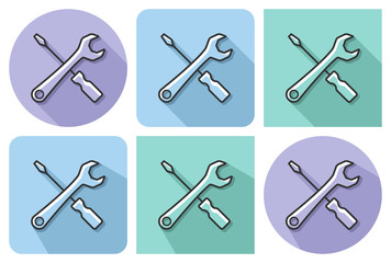 Outlined icon of screwdriver with spanner with parallel and not parallel  long shadows