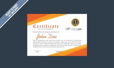 Orange Yellow Certificate decorated template with black shapes and golden lines vector
