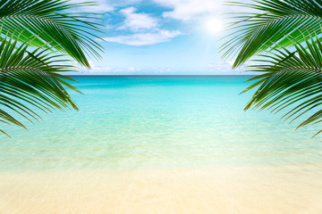 Zonnig tropisch strand met palmbomen