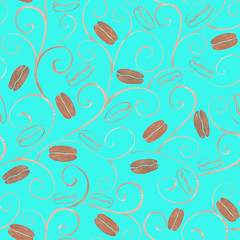 Seamless watercolor sketch pattern with coffee beans on turquoise background