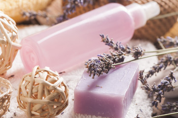 Obraz na płótnie Canvas bar soap and lavender flowers
