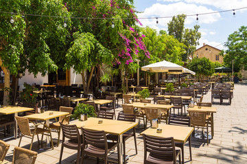 Fototapeta na wymiar Restaurant under the open sky in the old town of Nicosia, Cyprus