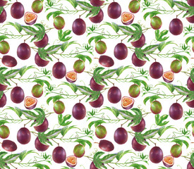 Fototapeta na wymiar Hand-drawn watercolor seamless pattern with passion fruits on the white background. Repeated fruit background.
