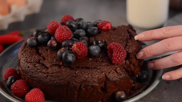 Chocolate cake with berries, stock footage
