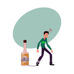 Unshaven man standing with leg chained to bottle of liquor, alcohol dependence, cartoon vector illustration with space for text. Man with arm, foot chained to bottle of alcohol liquor booze