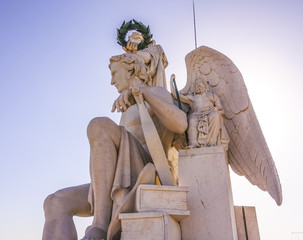 The amazing statues on the top of famous Augusta Street Arch in Lisbon - LISBON - PORTUGAL - JUNE 17, 2017