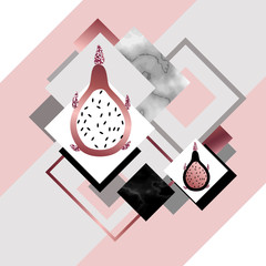 Dragon fruit and marble rose background in trendy minimalist geometric style with stone, foil, glitter, metallic textures, triangles, template for poster, invitation, wallpaper