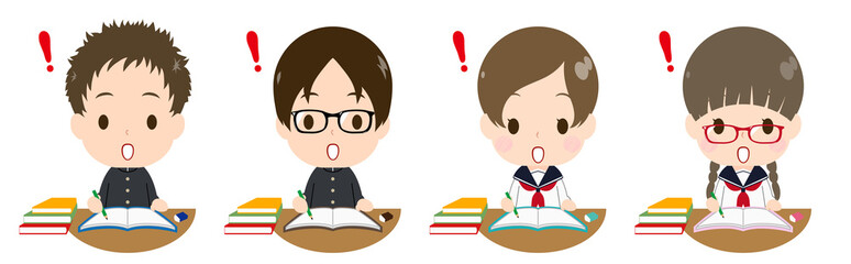 勉強する学生セット　びっくりマーク