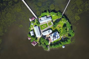 Aerial view of Svyato-Vvedenskiy Ostrovnoy monastery located on the small island on Vvedenskoye...