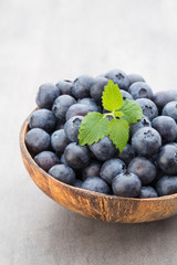 Fresh blueberries natural coconut in a bowl on a gray background.