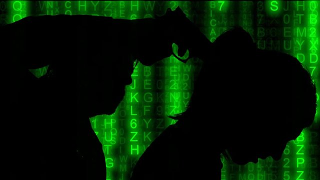 A code rain from the Matrix (falling numbers) reveals two silhouettes: a killer (man) pointing a handgun to the nape of a victim (woman). Crime, murder, violence.
